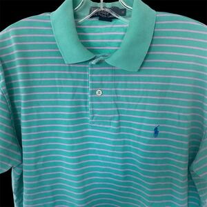 Polo Ralph Lauren Mens Medium Blue Orange Striped Short Sleeve Pique Polo Shirt